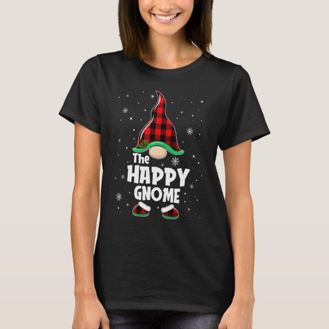 Happy Gnome Buffalo Plaid Matching Family Christma T-Shirt (Front)