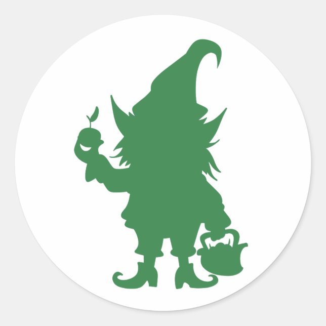 happy gnome hold a apple classic round sticker (Front)
