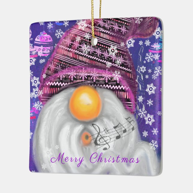 Happy Gnome In Purple Hat Sings A Christmas Song  Ceramic Ornament (Left)