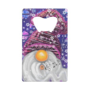Happy Gnome In Purple Hat Sings A Christmas Song   Credit Card Bottle Opener