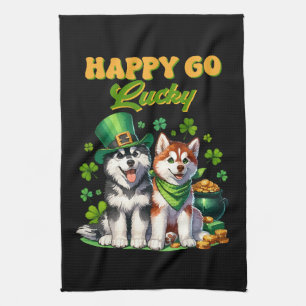 Happy Go Lucky Cute Husky St. Patricks Day Kitchen Towel