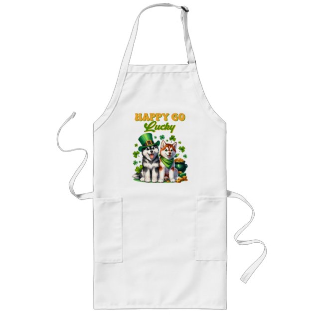 Happy Go Lucky Cute Husky St. Patricks Day Long Apron (Front)
