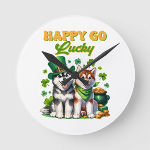 Happy Go Lucky Cute Husky St. Patricks Day Round Clock