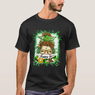 Happy go Lucky Messy Bun Girl Irish St Patricks Da T-Shirt