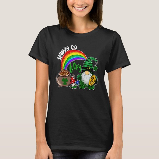Happy Go Lucky Rainbow Gnome Shamrock Funny St Pat T-Shirt (Front)