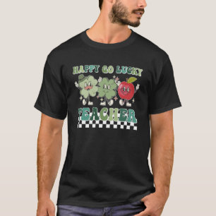 Happy Go Lucky Teacher Retro Groovy Shamrocks Patr T-Shirt