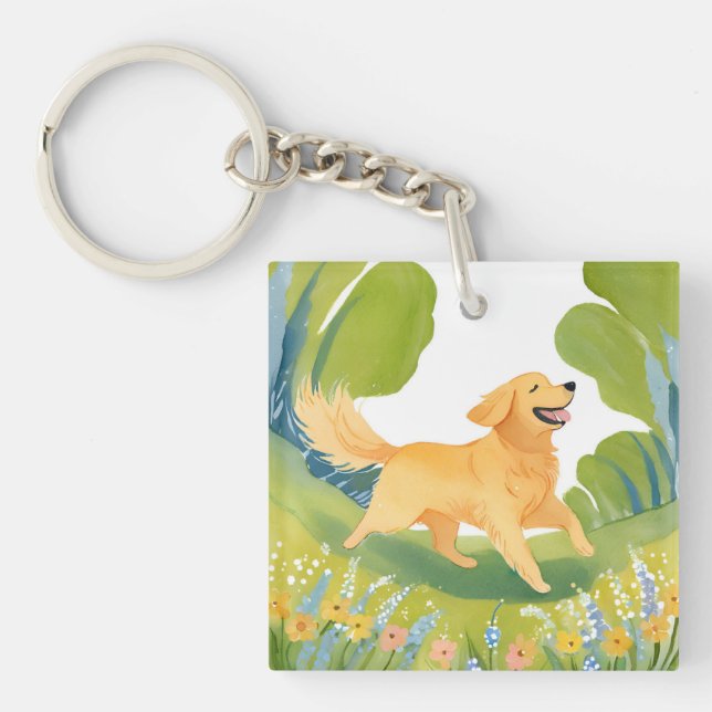 Happy Golden Retriever | Dog Watercolor Keychain (Front)