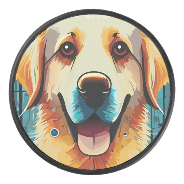 Happy Golden Retriever Hockey Puck (Front)