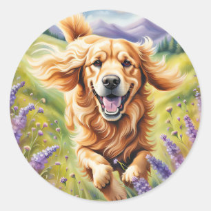 Happy Golden Retriever In Lavender Field Classic Round Sticker