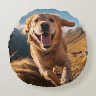 Happy Golden Retriever Running Round Pillow