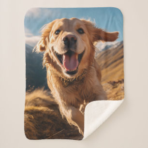 Happy Golden Retriever Running Sherpa Blanket