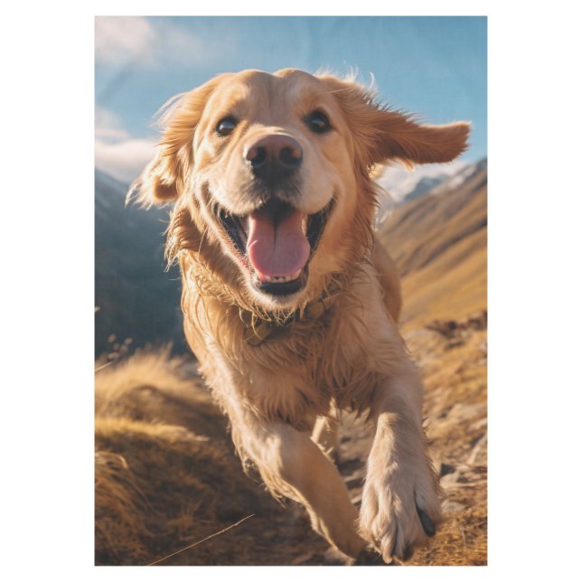 Happy Golden Retriever Running  Tablecloth (Front)