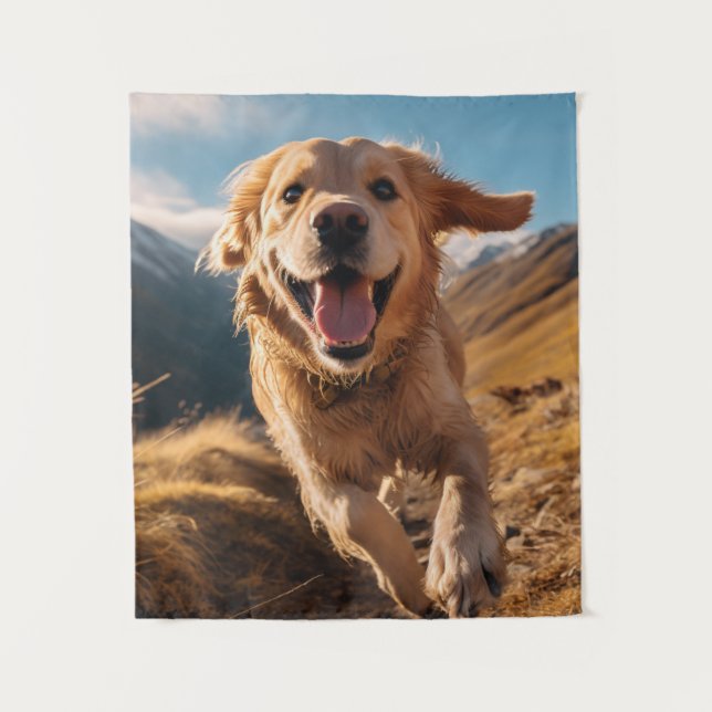 Happy Golden Retriever Running  Tapestry (Front)