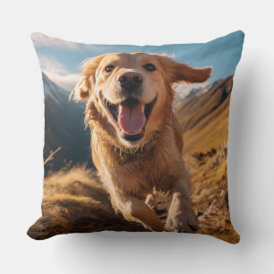 Happy Golden Retriever Running Throw Pillow