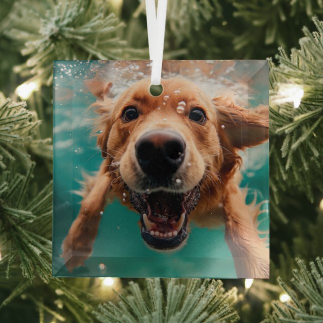 Happy Golden Retriever Swimming Underwater Glass Ornament (Insitu)
