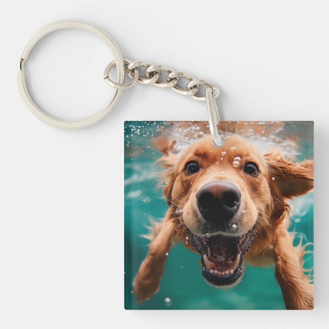 Happy Golden Retriever Swimming Underwater Keychain (Front)