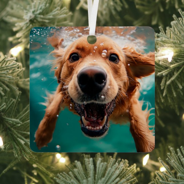 Happy Golden Retriever Swimming Underwater Metal Ornament (Insitu)