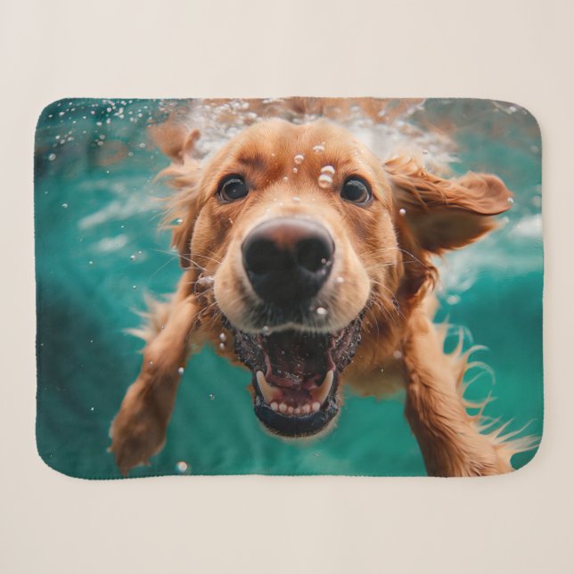 Happy Golden Retriever Swimming Underwater Sherpa Blanket (Front (Horizontal))