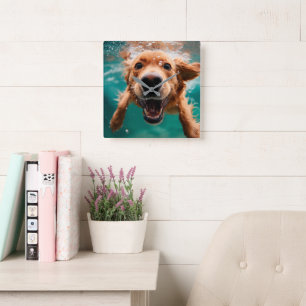 Happy Golden Retriever Swimming Underwater Square Wall Clock