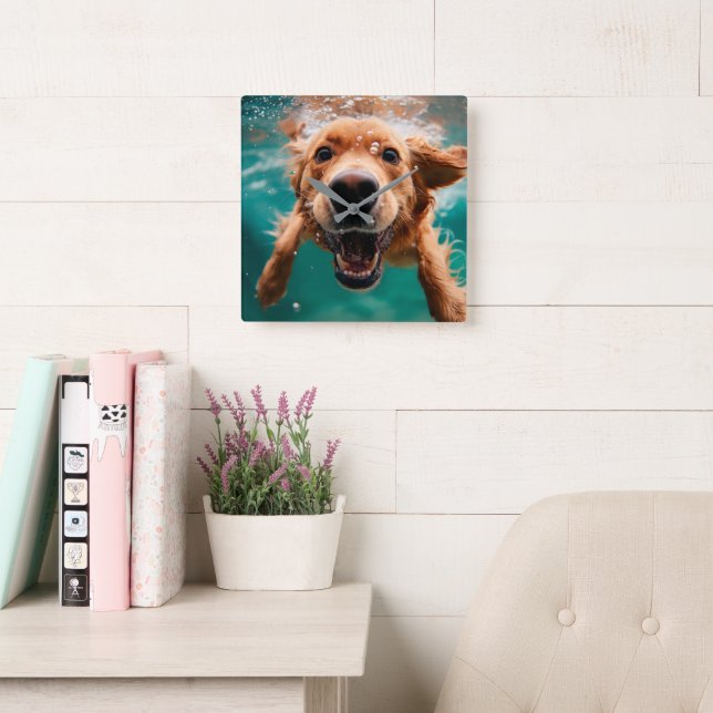 Happy Golden Retriever Swimming Underwater Square Wall Clock (Reading Room)
