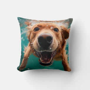 Happy Golden Retriever Swimming Underwater Throw Pillow
