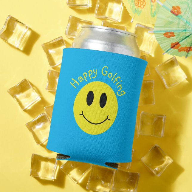 Happy Golfing Custom Text Grinning Face Classic   Can Cooler (In Situ Summer)