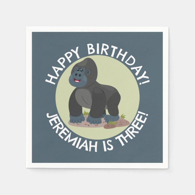 Happy gorilla personalized cartoon birthday  napkin (Front)