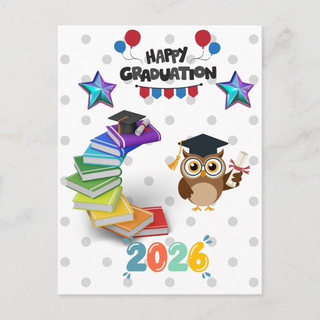 Happy Graduation 2026 - Cute Owl & Books  Postcard (Front)