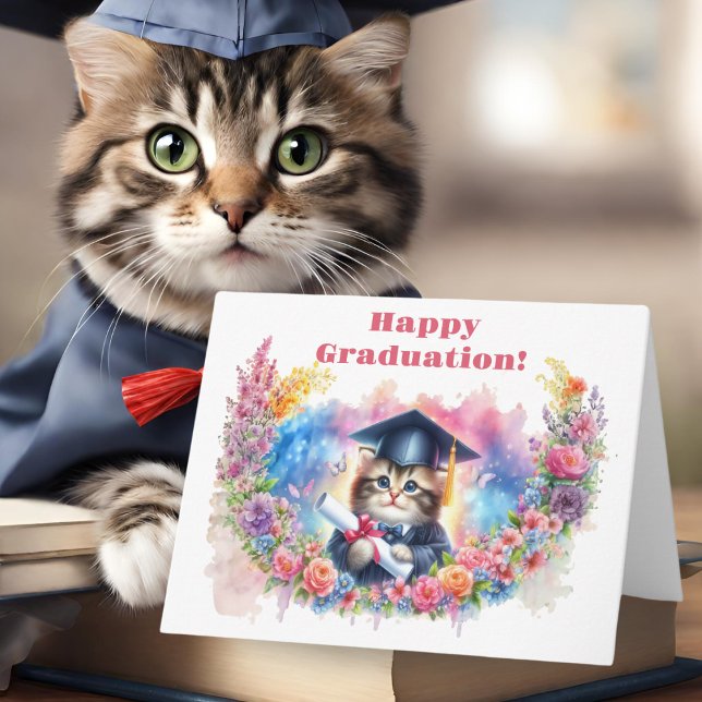 Happy Graduation With Little Kitty! Card (Paws-itively purr-fect: Celebrate graduation with feline flair and floral charm!)