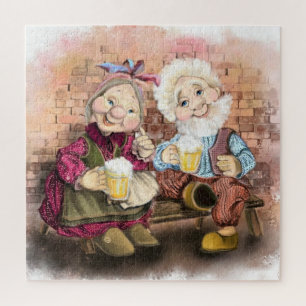 Happy Grandmother and Grandfather Drinking Beer - Jigsaw Puzzle