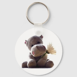 Happy Gray Hippo with Daisy Drawing Photograph Keychain