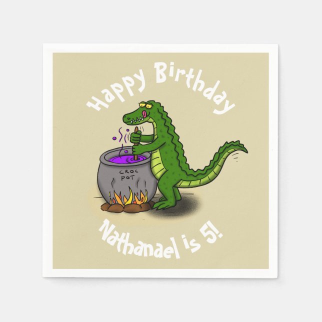 Happy green alligator cooking dinner cartoon napkin (Front)