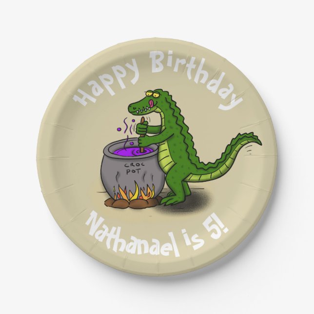 Happy green alligator cooking dinner cartoon paper plate (Front)