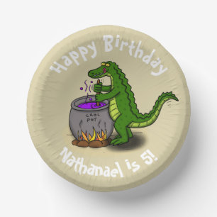 Happy green alligator cooking dinner cartoon paper plate
