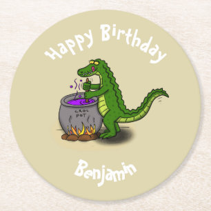 Happy green alligator cooking dinner cartoon round paper coaster