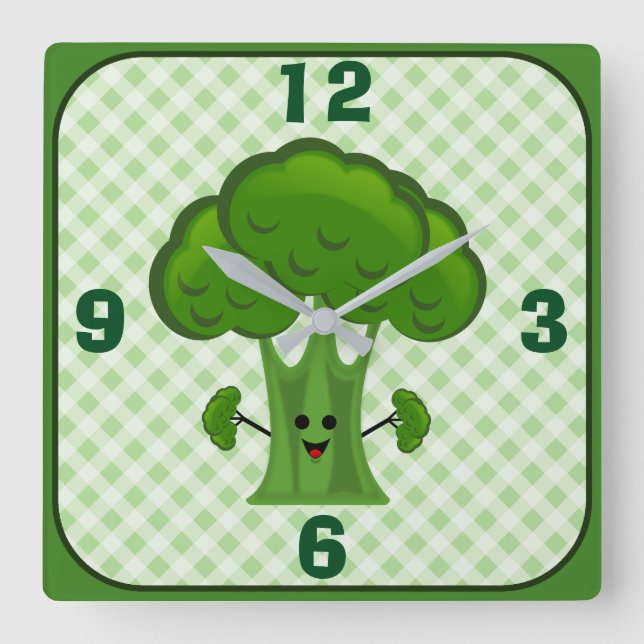 Happy Green Broccoli Square Wall Clock (Front)