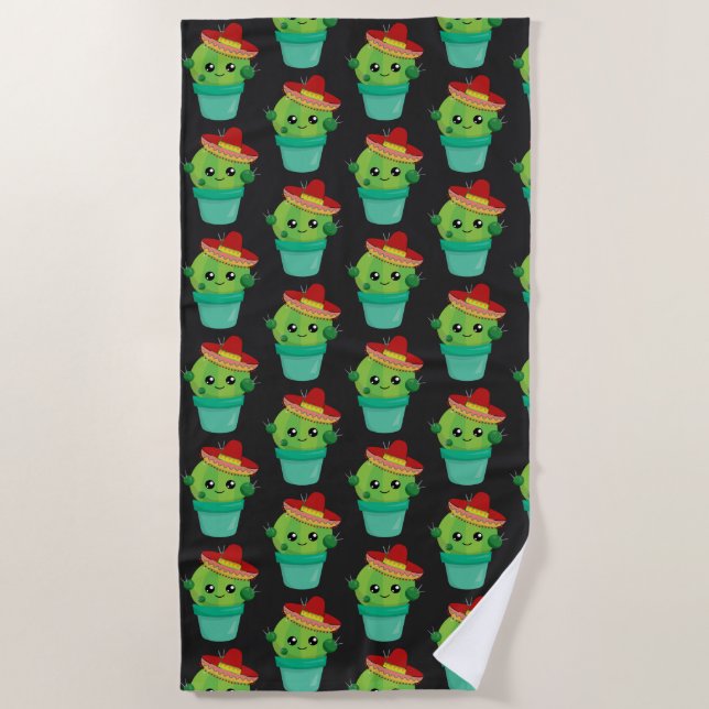 Happy Green Cactus in a Red Sombrero Pattern Beach Towel (Front)
