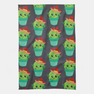 Happy Green Cactus in a Red Sombrero Pattern Kitchen Towel