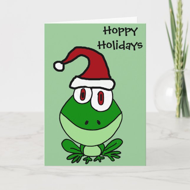 Happy Green Frog Wearing Santa Hat Holiday Card (Front)