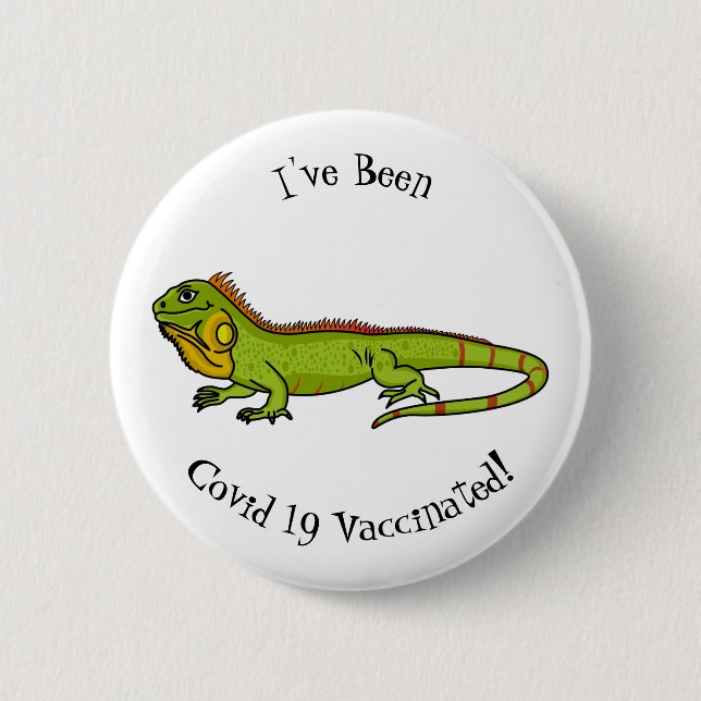 Happy green iguana cartoon illustration 2 inch round button (Front)