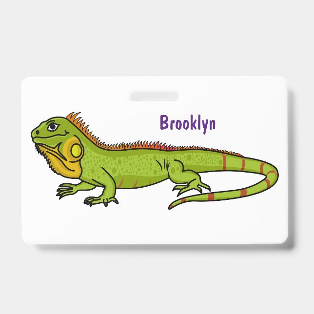 Happy green iguana cartoon illustration badge (Front)