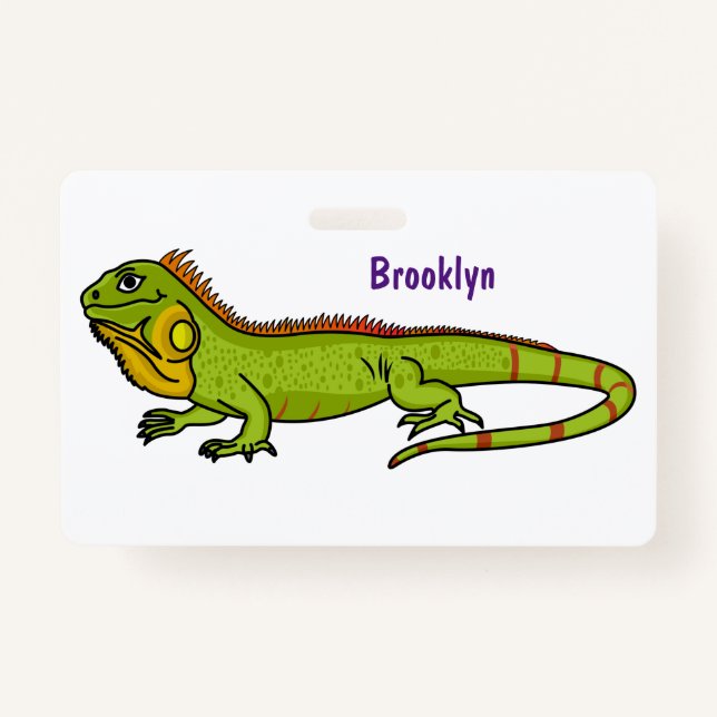 Happy green iguana cartoon illustration badge (Front)