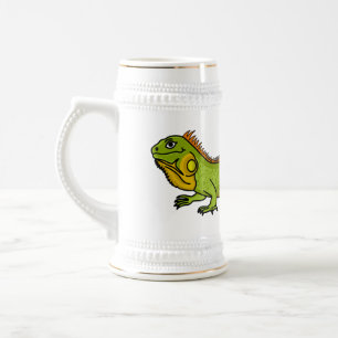 Happy green iguana cartoon illustration beer stein