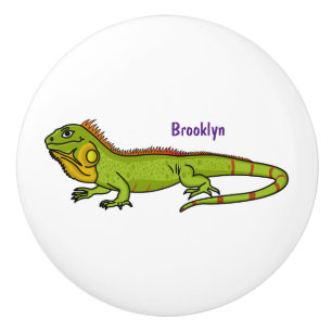 Happy green iguana cartoon illustration ceramic knob