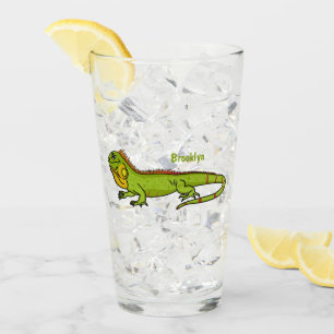 Happy green iguana cartoon illustration glass
