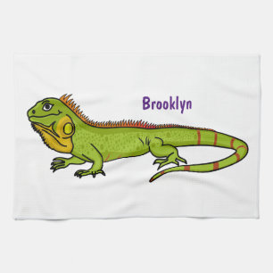 Happy green iguana cartoon illustration kitchen towel