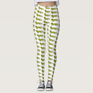 Happy green iguana cartoon illustration leggings