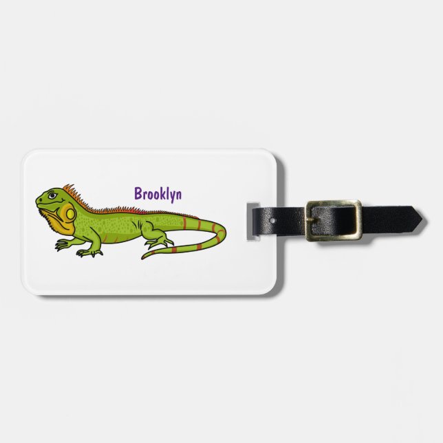 Happy green iguana cartoon illustration luggage tag (Front Horizontal)