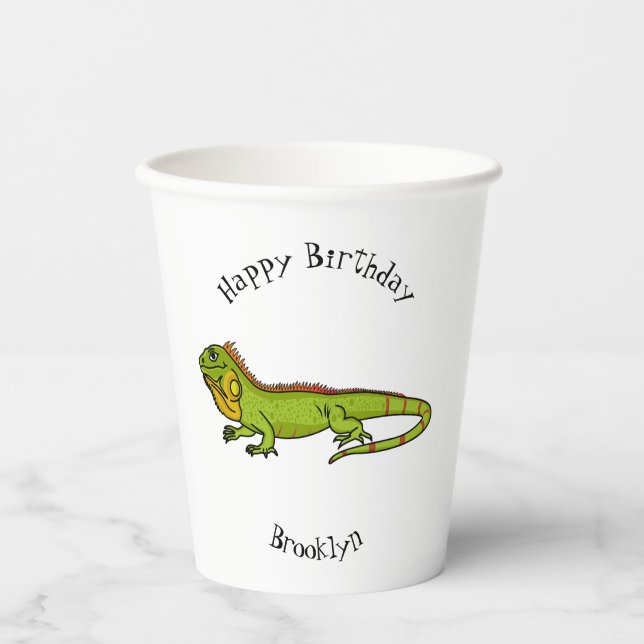 Happy green iguana cartoon illustration paper cups (Front)