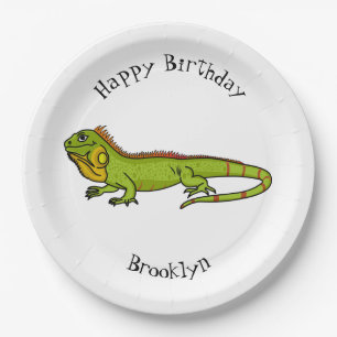 Happy green iguana cartoon illustration paper plate